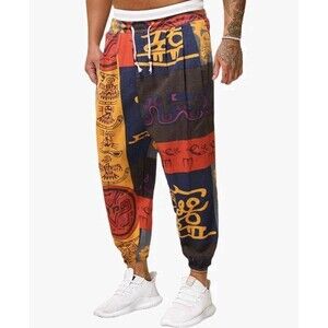 Mansilifei Mens Sz M Harem Pants Jogger Patchwork Tribal Elastic Yoga Drawstring